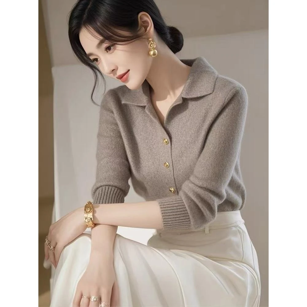 SS121气质Polo领长袖针织衫2024欧货爆款上衣法式优雅显瘦毛衣