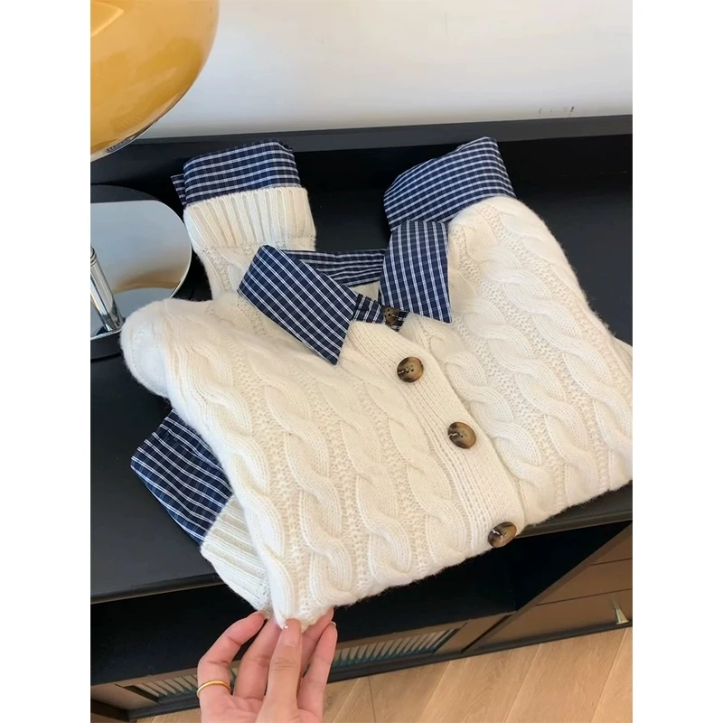SS128小香风格子拼接Polo领麻花毛衣秋冬时尚撞色针织开衫外套