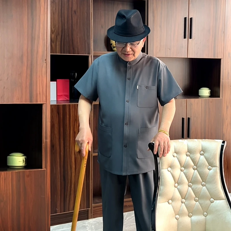 多口袋中老年唐装套装男短袖立领衬衫老人爸爸夏季男立领爷爷套装