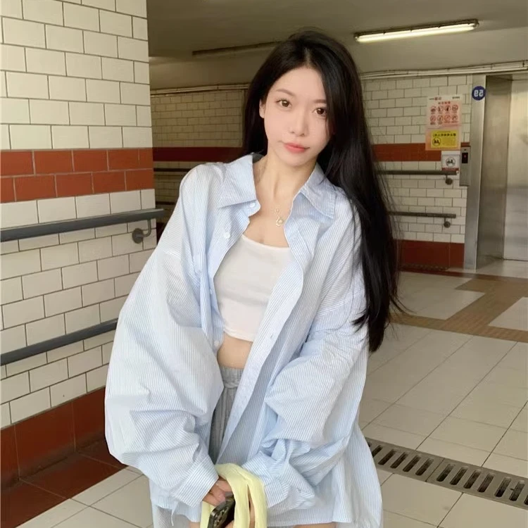 设计感条纹Polo领衬衫外套女夏季防晒衬衣宽松休闲开衫中长款上衣