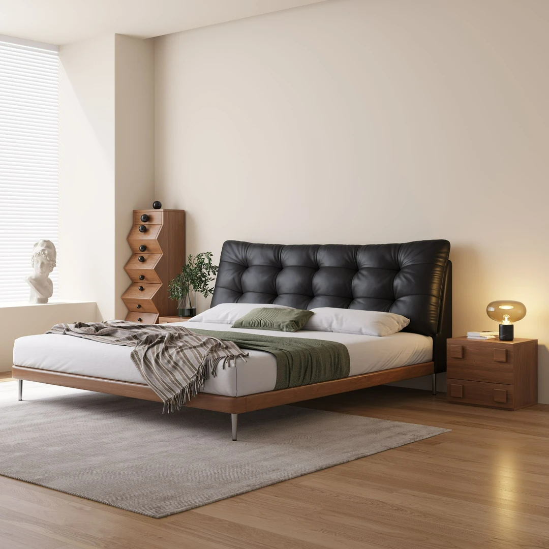 大黑熊中古风床实木床设计师款意式真皮双人床主卧大床悬浮床