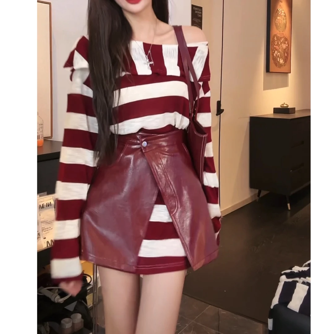 2024早秋不规则斜肩撞色中长款条纹长袖T恤皮短裙腰封两件套洋气