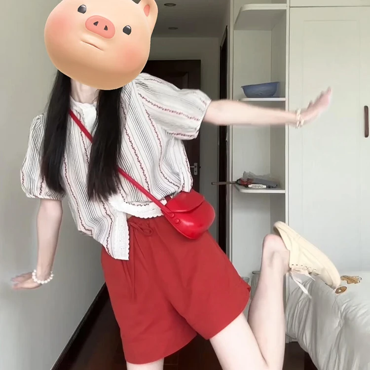 韩系气质花边拼接泡泡袖条纹衬衫女装2025夏季新款显瘦别致上衣薄