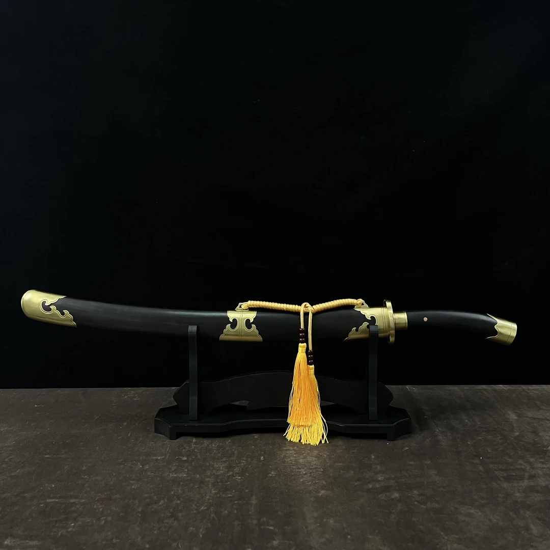 包铜清刀黑檀木黄铜百炼花纹龙泉收藏送礼摆件（上韵刀剑）未开刃