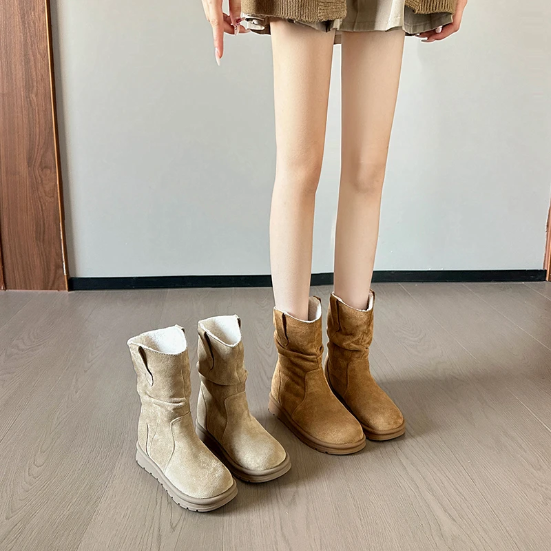 内增高中筒短靴2024年冬季新款显瘦复古褶皱西部靴慵懒超火堆堆靴