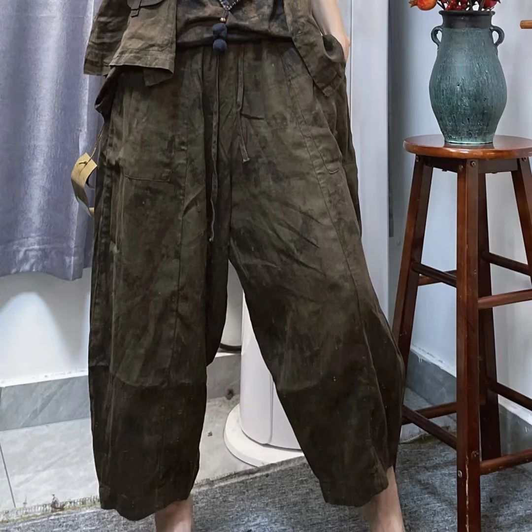 亚麻复古炒色休闲印花老爹裤（裤长87臀围138）