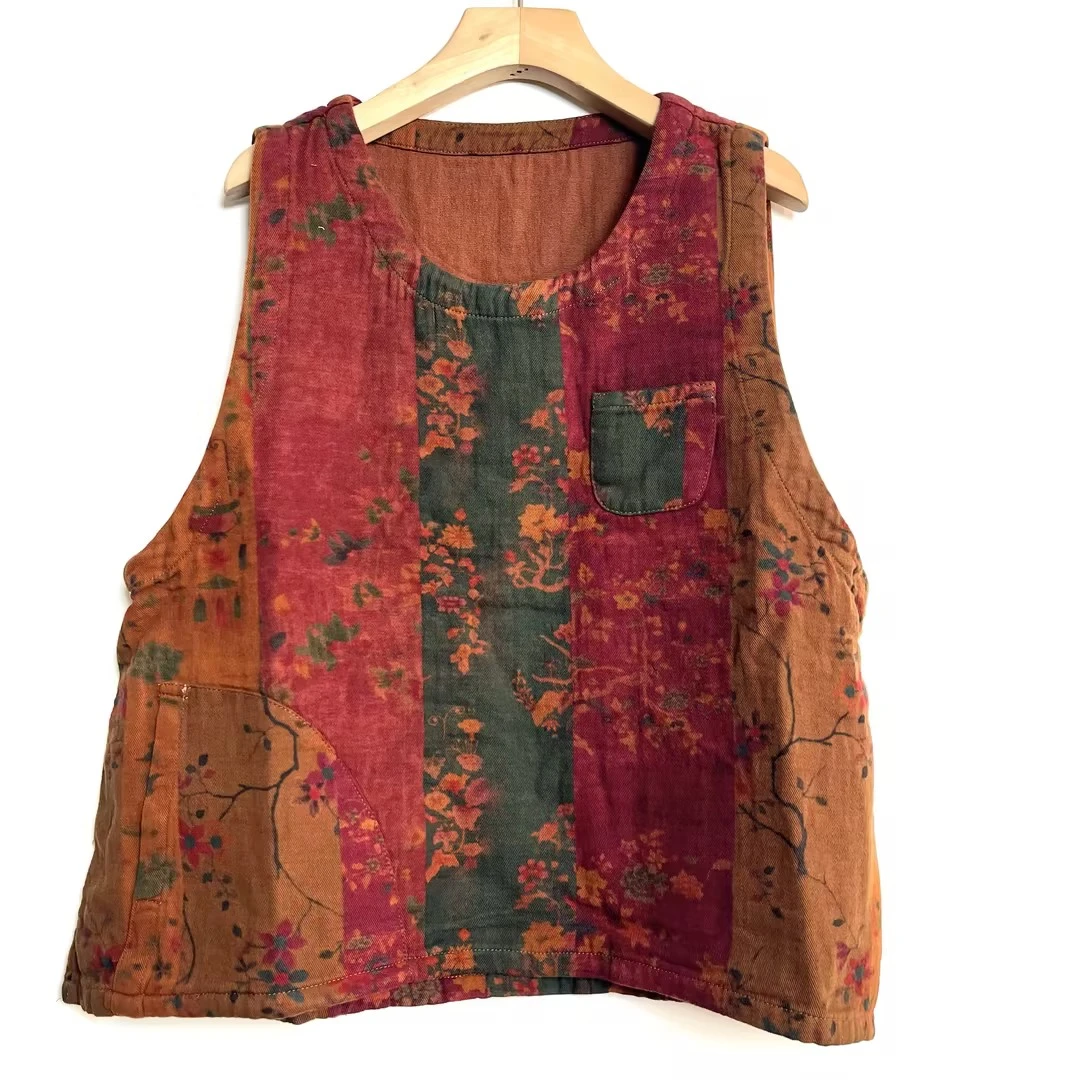 复古炒色印花斜纹亚麻休闲马甲（衣长57胸围115）