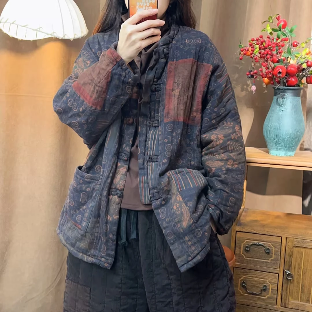 复古炒色斜纹亚麻百家布印花开衫棉服（胸围132）