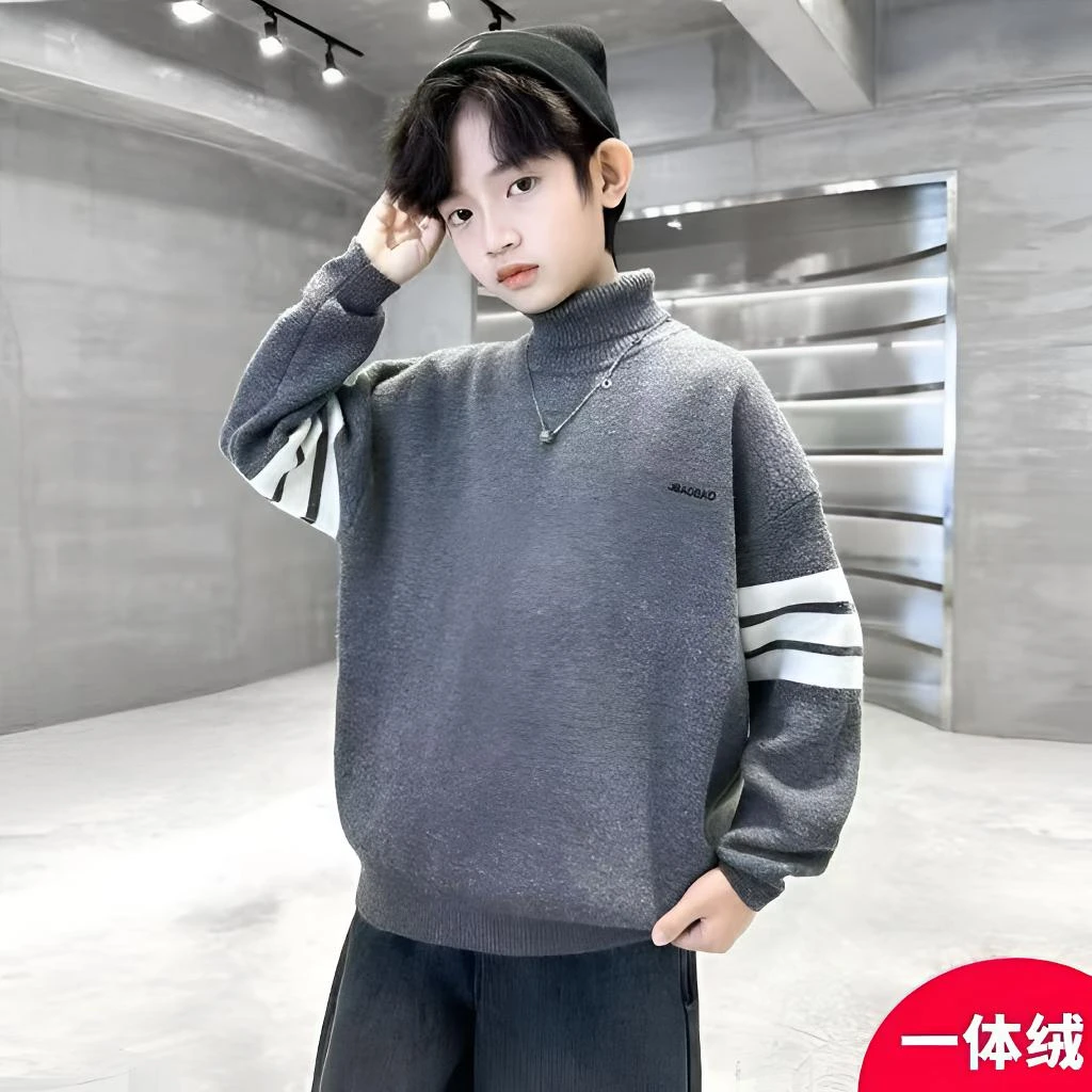 中大童一体绒毛衣韩版加绒洋气男童开学套头冬款加厚高领男童毛衣