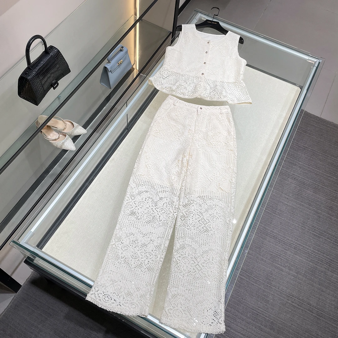 MIUMEM现货休闲阔腿裤子两件套白色蕾丝马甲背心上衣套装DY4066