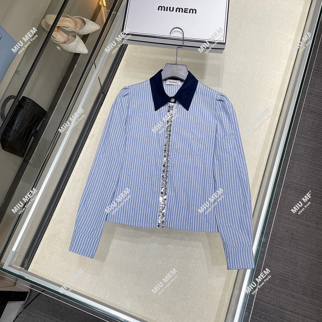 MIUMEM现货女装秋冬法式学院风长袖条纹蓝色百搭衬衫上衣女DY5360