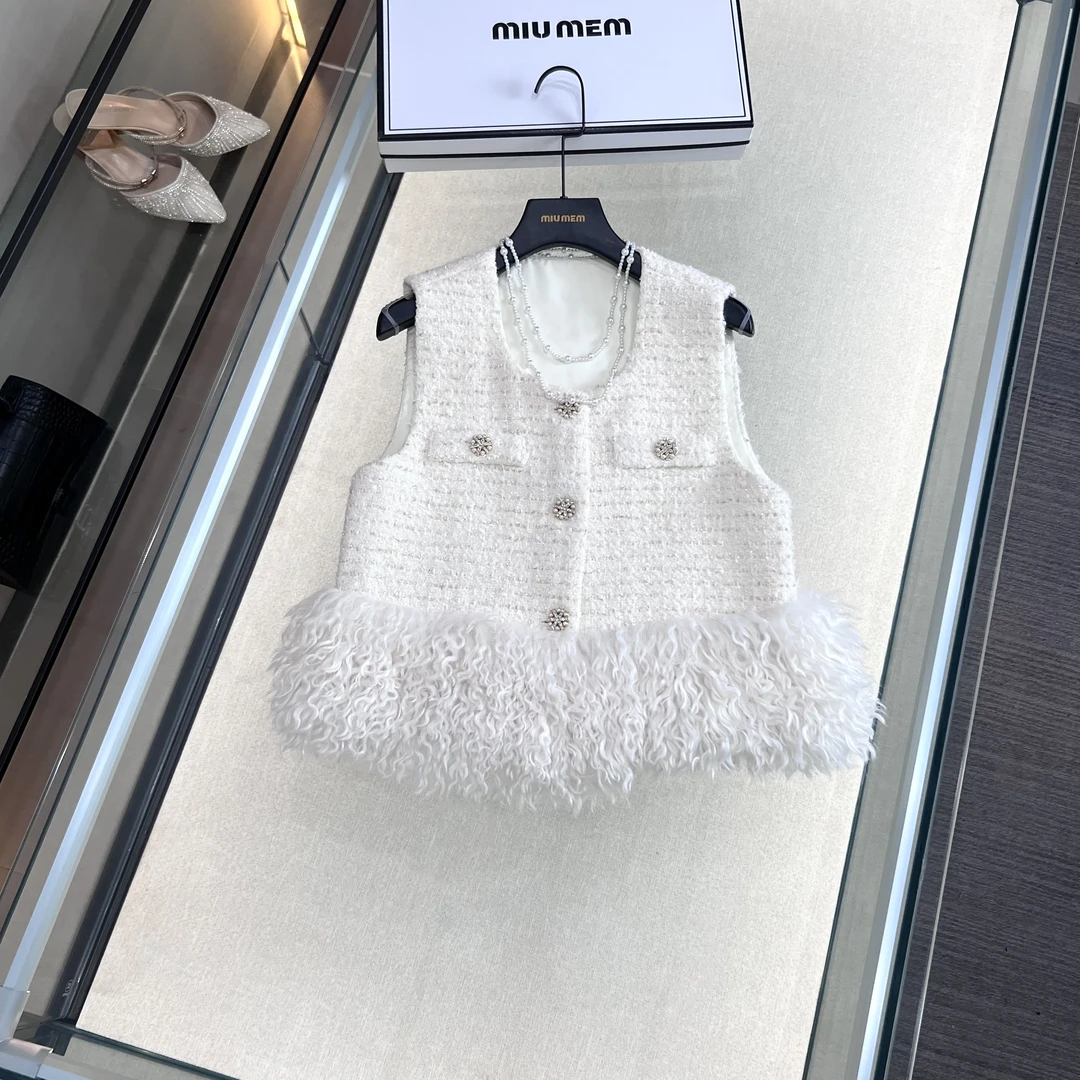 MIUMEM现货米白色羊毛马甲外套女气质小香风2024秋季新款 B111