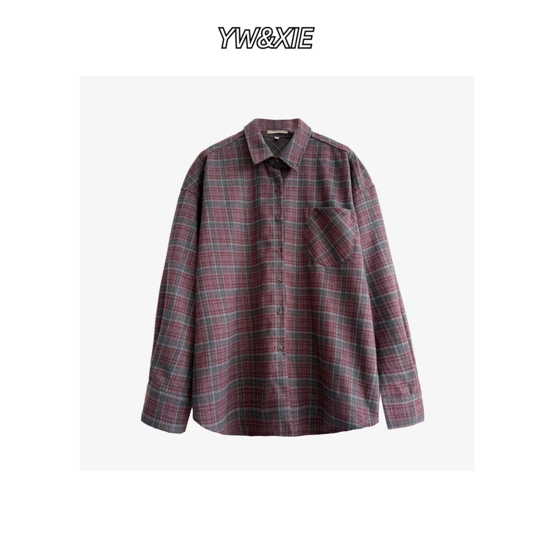 复古做旧新款高级感宽松百搭长袖衬衣外套格子573-2