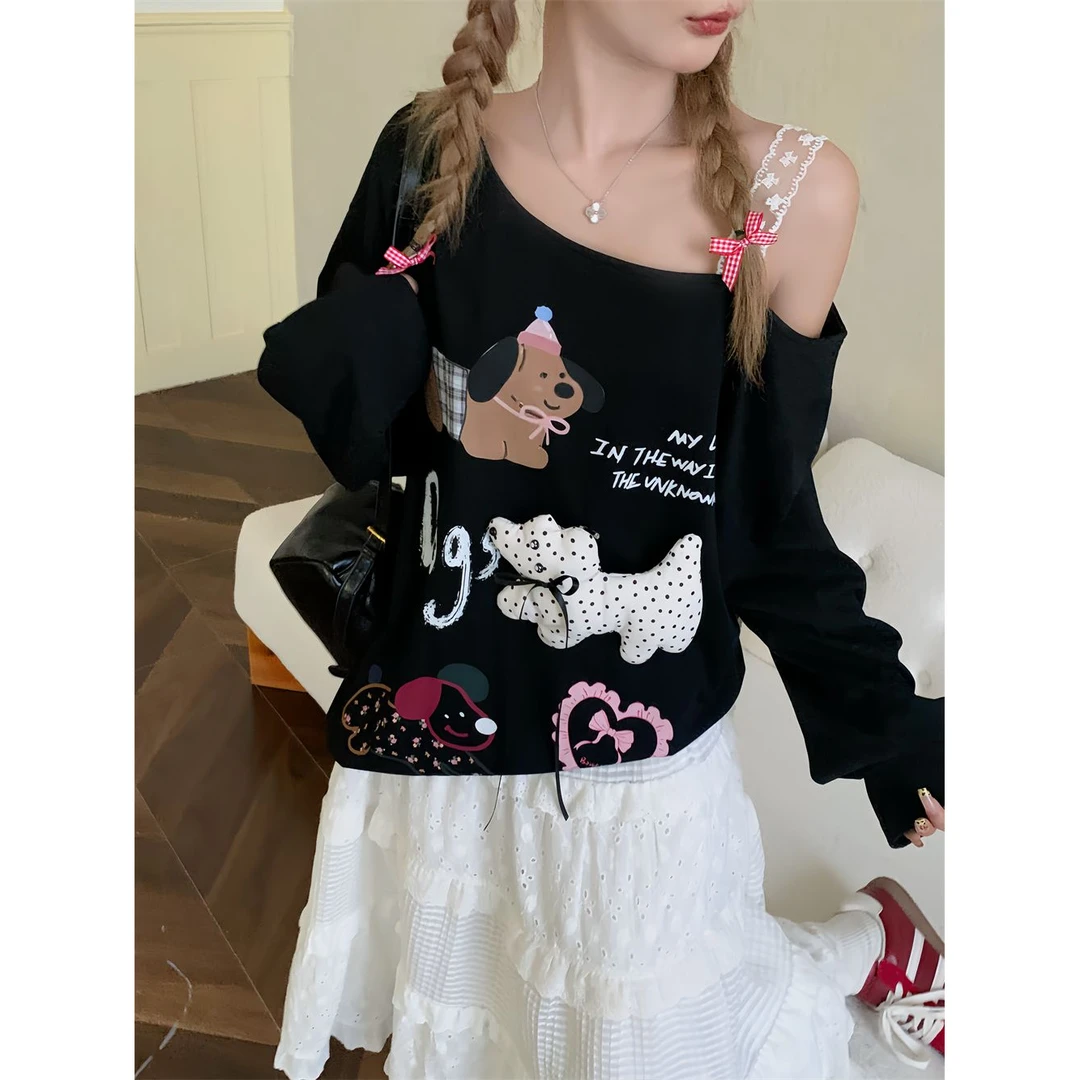 小狗印花露肩长袖T恤早秋新款设计感慵懒拼接肩带小众宽松上衣女