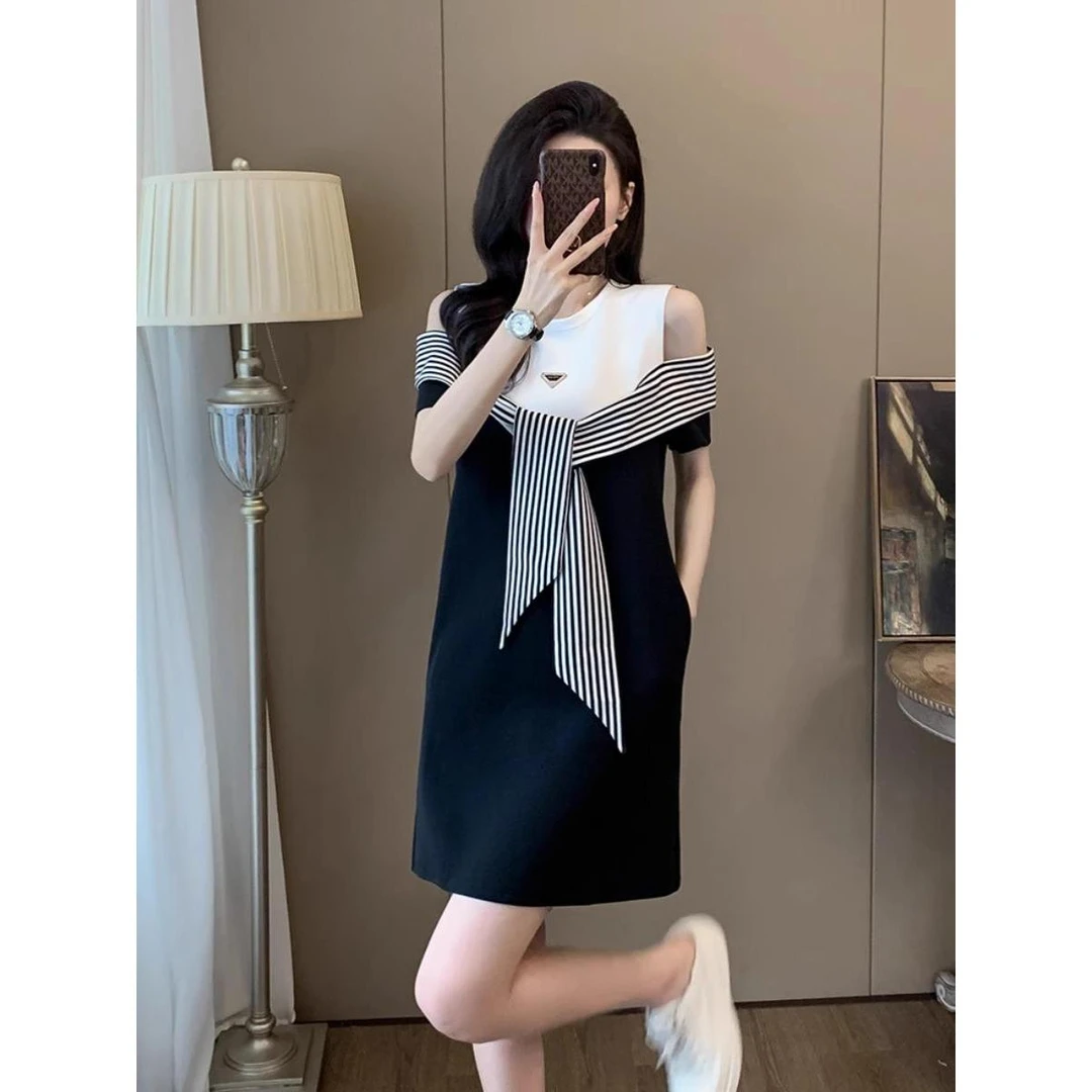 小众设计感拼接假两件露肩连衣裙女夏季遮肚子显瘦宽松休闲T恤裙