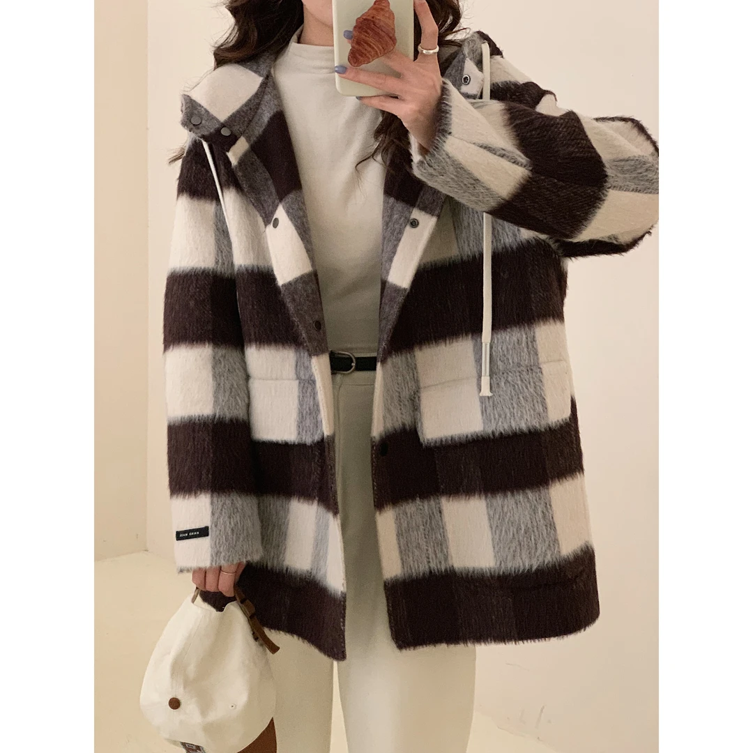 女毛呢外套时尚连帽中长款条纹宽松黑白加厚格子D-832