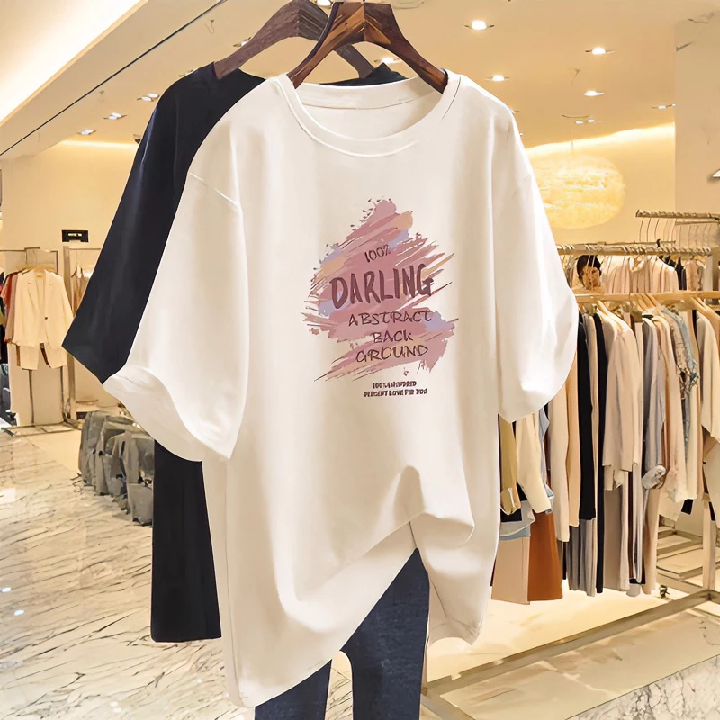 杏色夏季时尚ins短袖T恤女长款2023春夏新款欧货大版独特上衣百搭