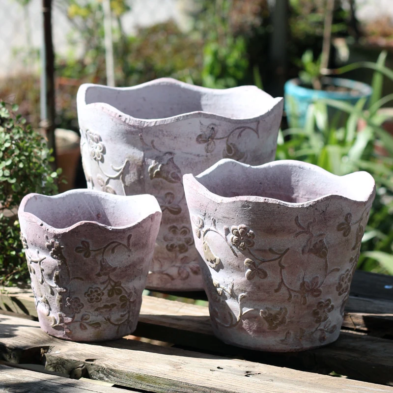 创意北欧复古粗陶土培家居绿植大号庭院阳台花园花卉浮雕陶艺花盆