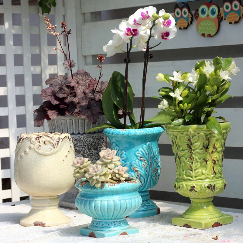 欧式地中海种花粗陶奖杯盆阳台绿植小盆栽多肉石斛蝴蝶兰陶瓷花盆