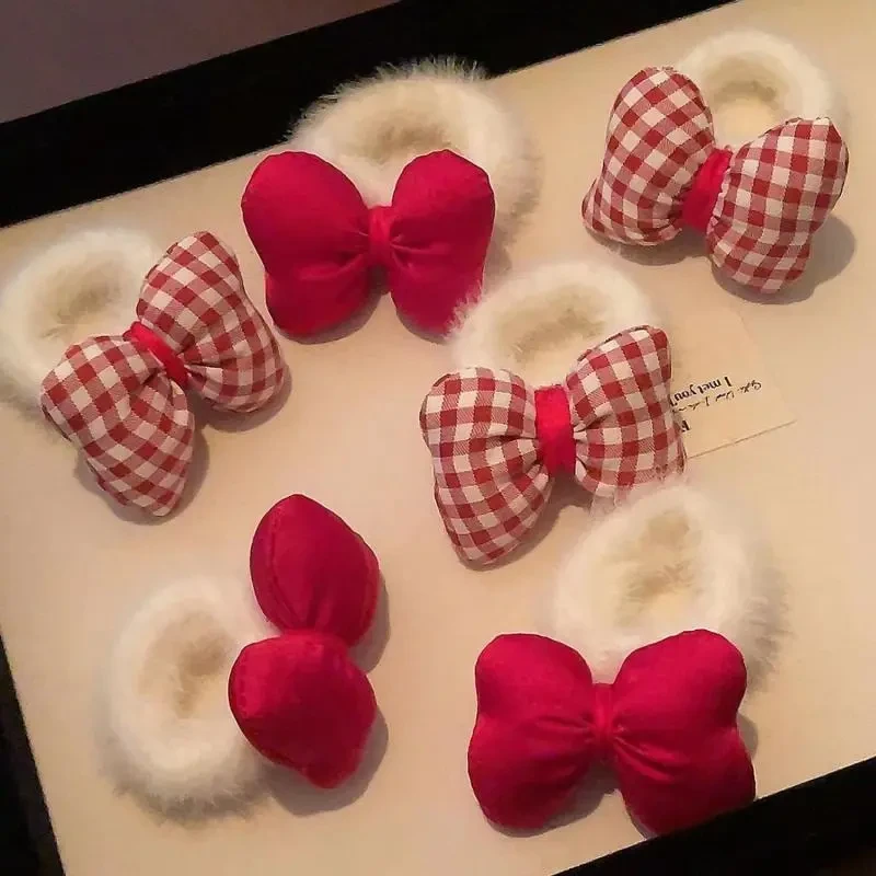 甜妹红色格子蝴蝶结发绳少女可爱毛绒绒儿童发圈头绳头发皮筋