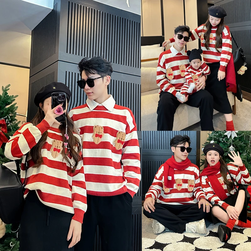 2024秋冬季新款针织衫亲子装全家装一家三口三只小熊条纹毛衣