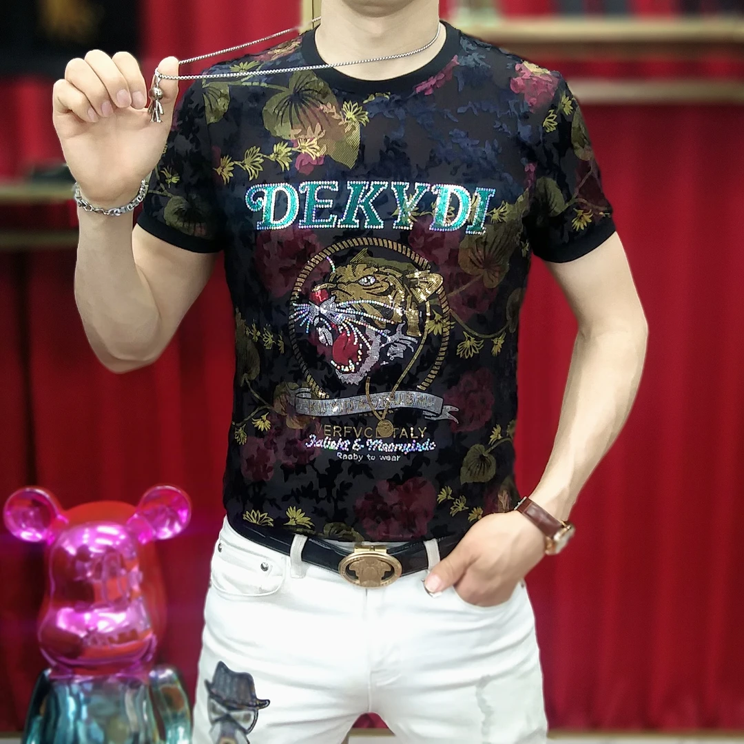 高品质夏季冰丝镂空潮流短袖欧货新款虎头T恤男士时尚圆领个性t恤