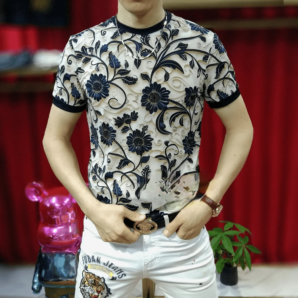 高档男士夏季时尚个性印花圆领帅气半袖百搭修身透气冰丝短袖T恤