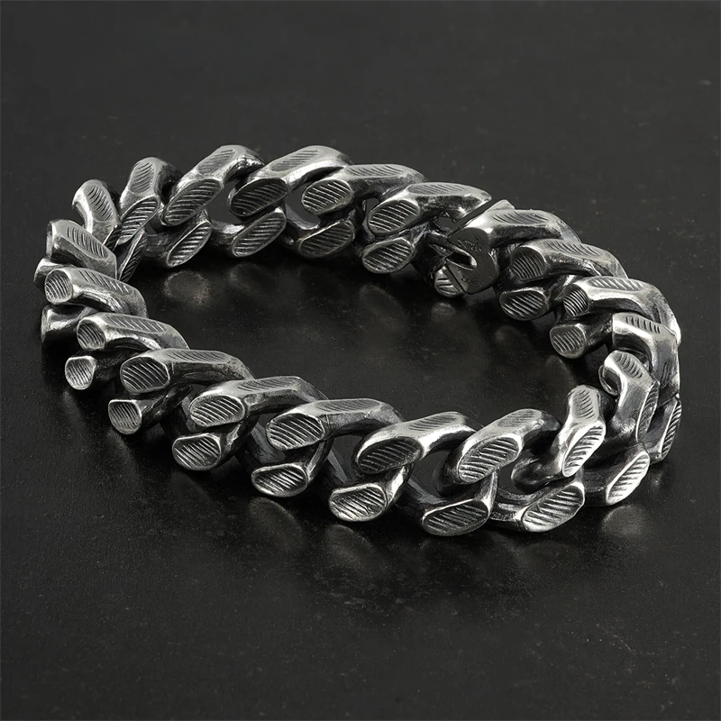 希然 925银手链 原创手工 隐形扣古巴手链 工业风 男士硬朗古巴链