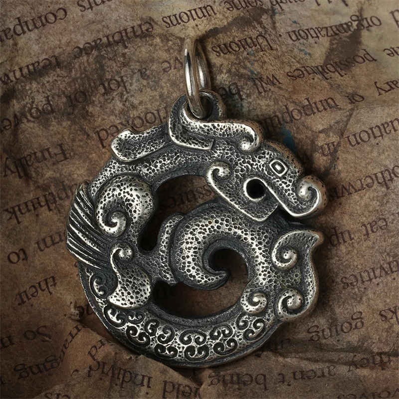 希然 吊坠925银 复古国潮汉代纹饰 中国风男士手工纯银汉龙纹吊坠