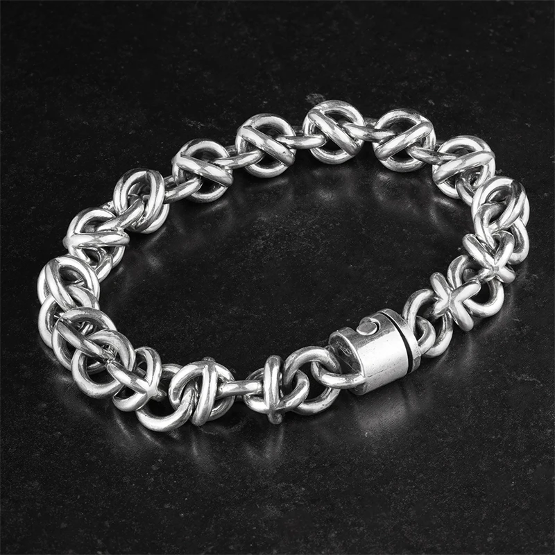 希然 925银手链 镂空十字花球手链 时尚简约百搭小众男士银首饰品