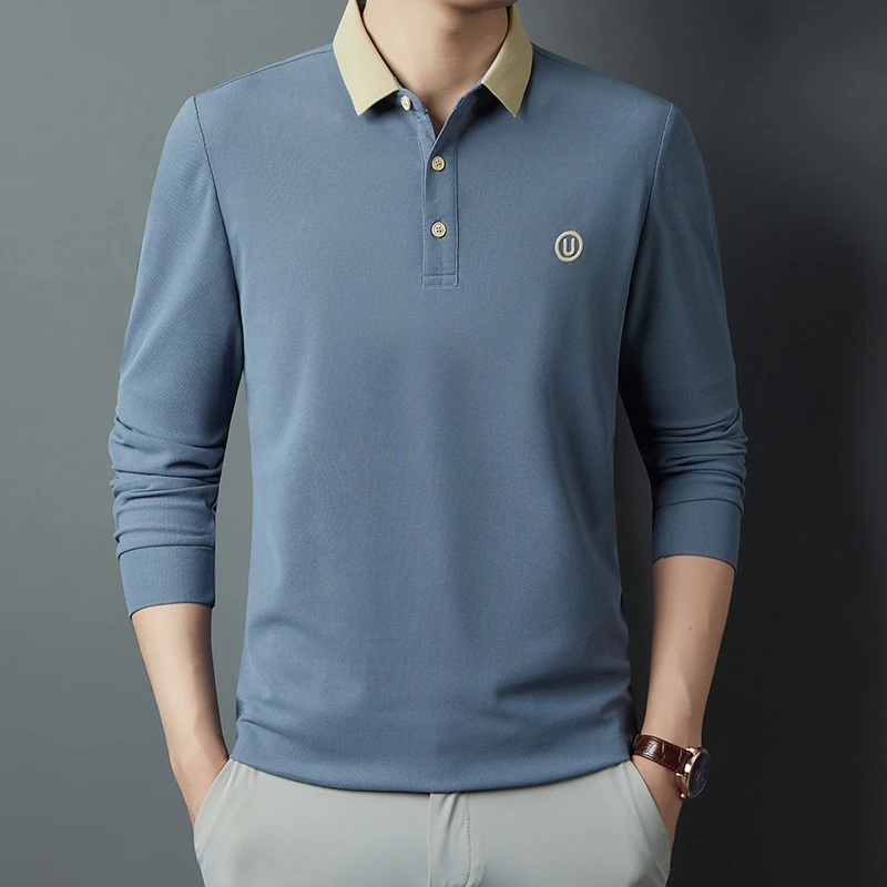 【爆款长袖】男装刺绣polo衫立领轻奢商务休闲纯色翻领男士小U长