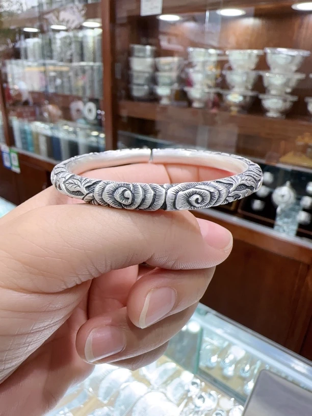 足银银制品 999雪花银玫瑰花手工镯