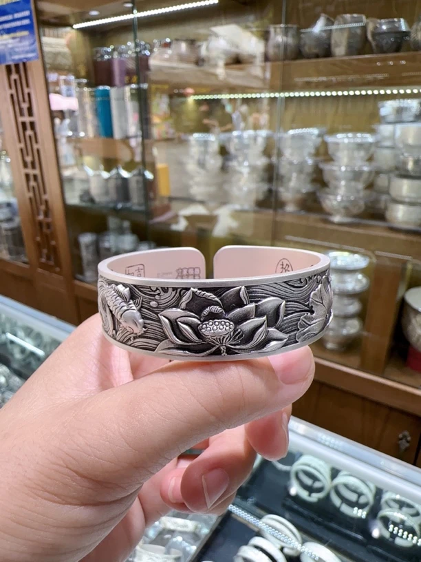 足银银制品 999雪花银莲花鱼精品镯