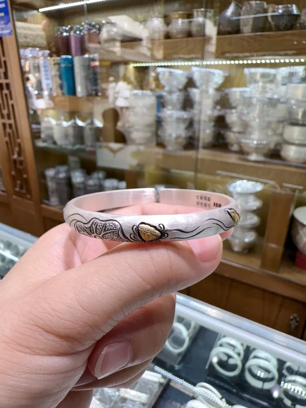 足银银制品 999雪花银晓荷精工镯