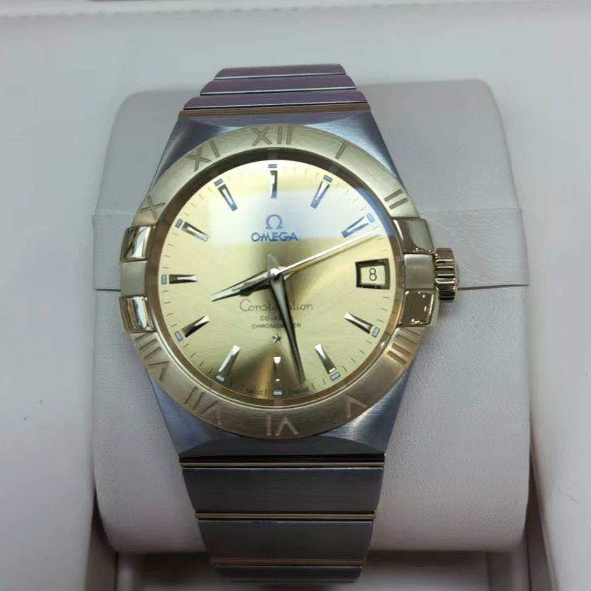 全新未使用 Omega/欧米茄 瑞士名表/男款星座/黄盘条刻38表径