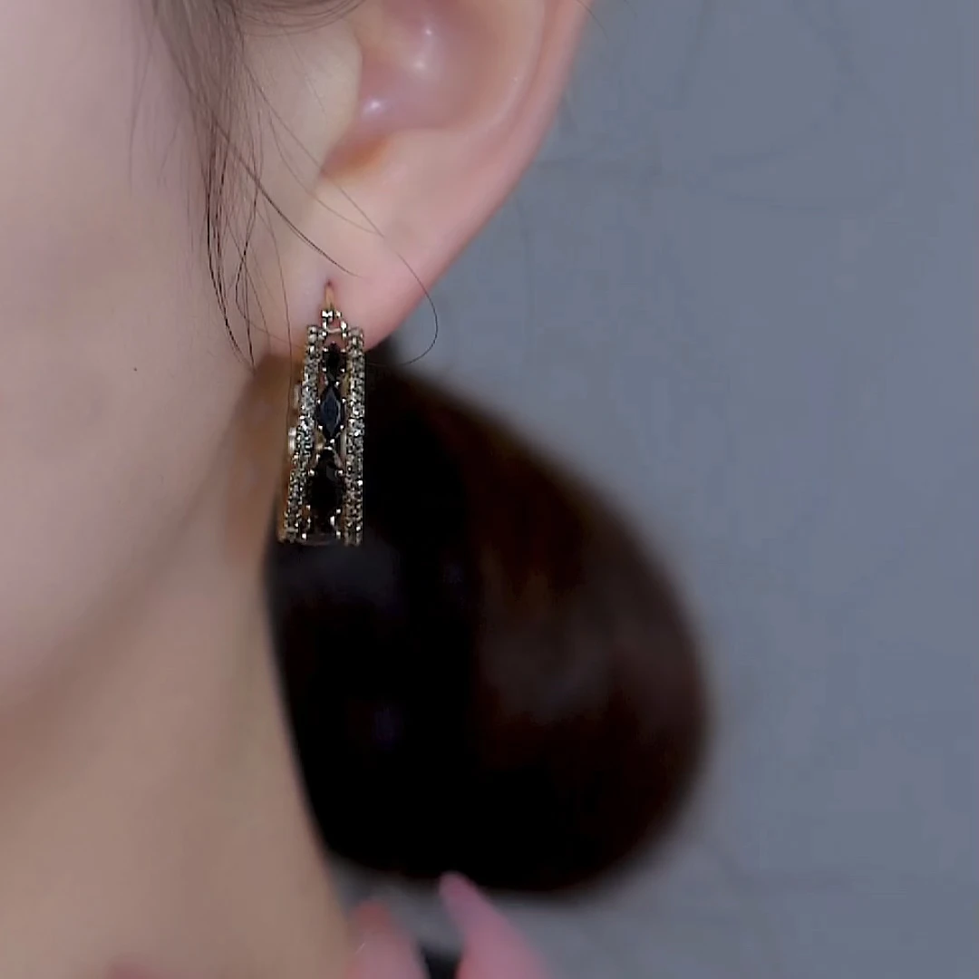 铜合金耳饰 925银针耳饰 【闪耀】48 轻奢高级感黑色耳环爆款圆圈