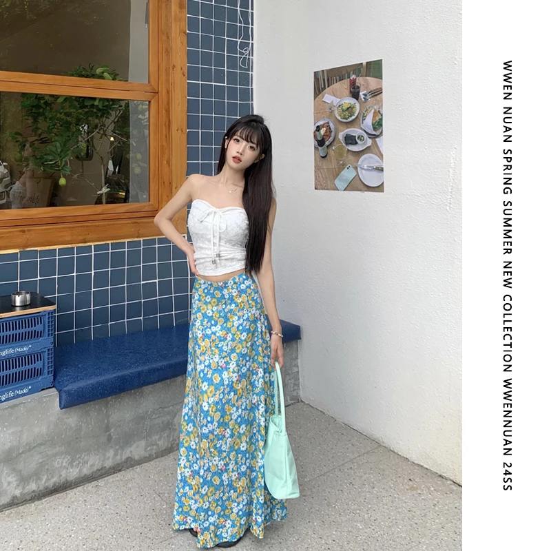 温温软糯超长a型小众半身裙夏季绑带碎花度假风高腰伞裙高个子