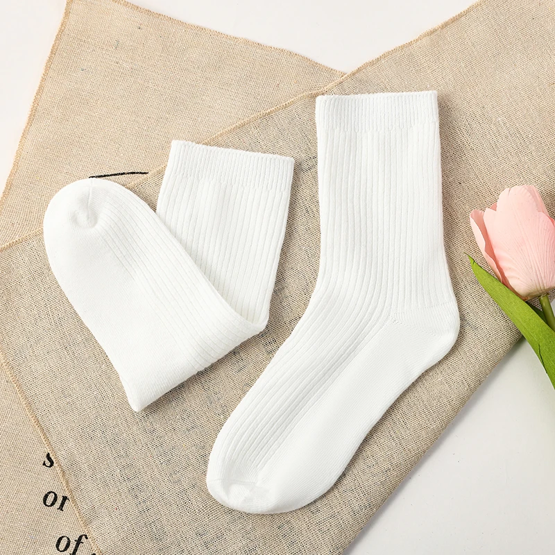 里外全棉双针一体机秋冬女袜抗菌防臭吸汗细条纯色中筒女士5双装