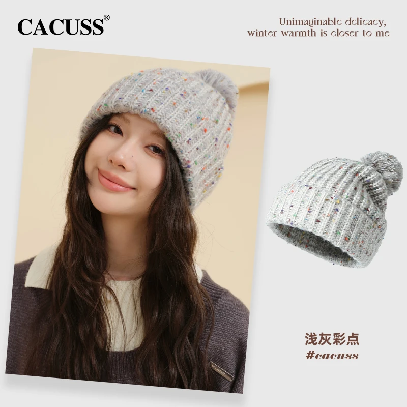 CACUSS帽子女秋冬2024新可爱毛球粗毛线帽保暖针织帽户外护耳帽