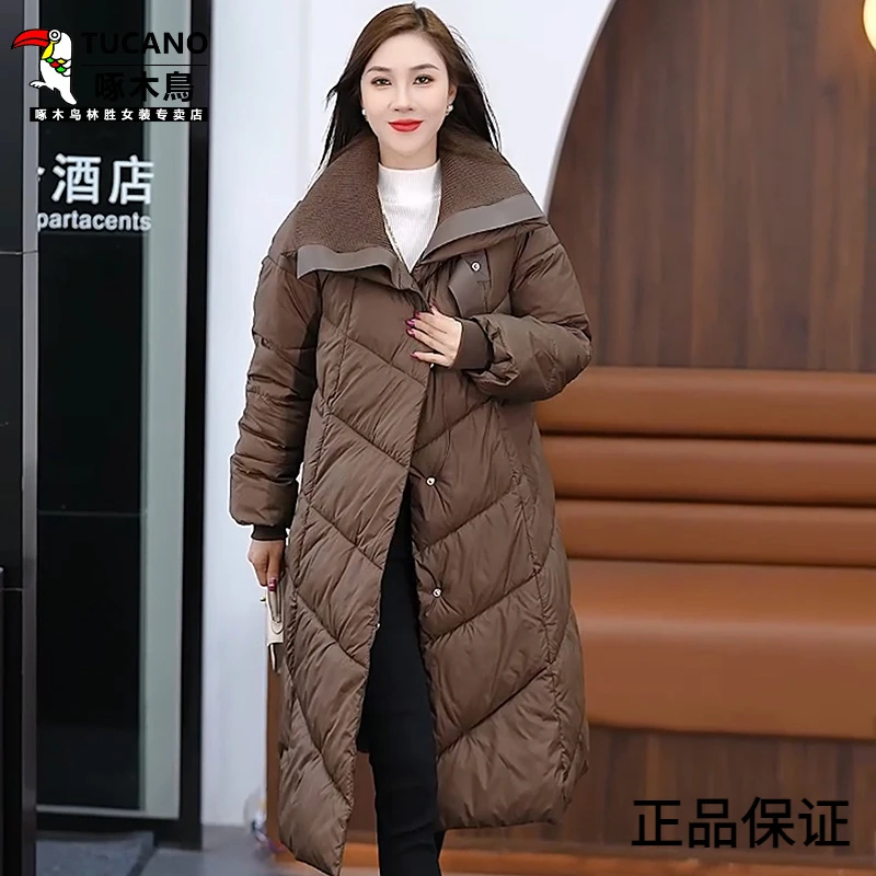 啄木鸟大翻领中长款百搭棉服女2024冬季新款高级感加厚保暖过膝大