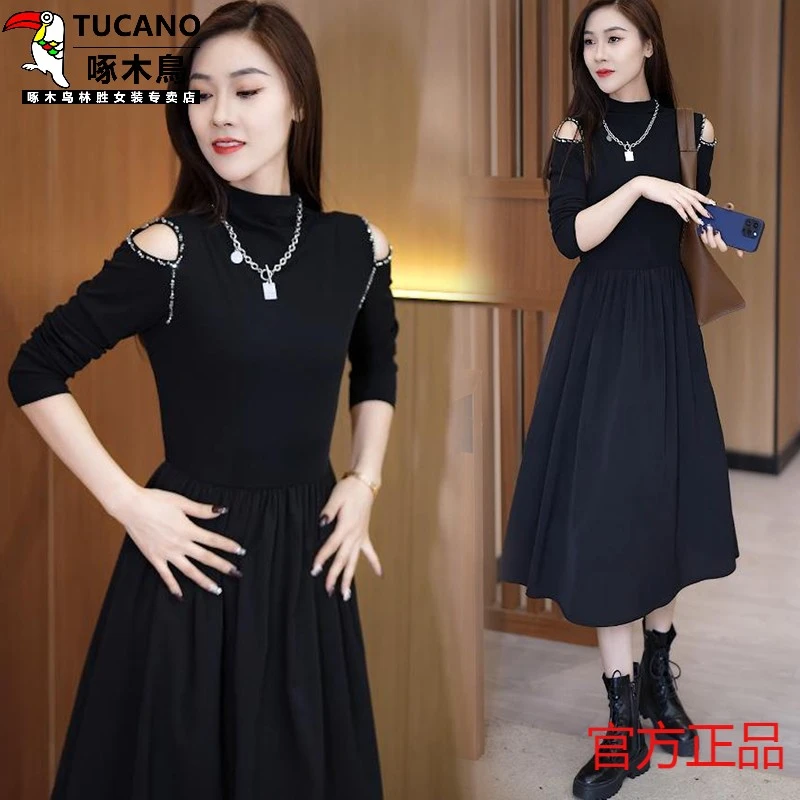 啄木鸟赫本风半高领连衣裙女2025秋冬新款连衣裙女款爆款2025新款