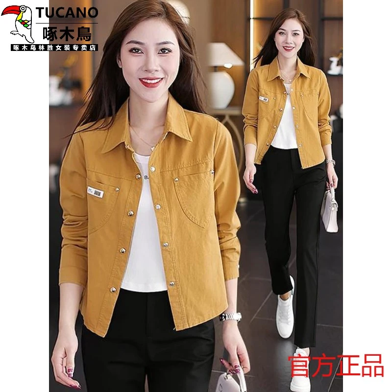 啄木鸟洋气长袖衬衫女2025春秋季新款宽松减龄显瘦外套小个子短款
