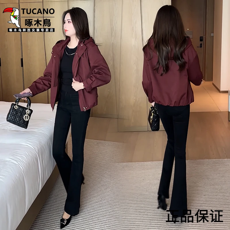 啄木鸟时尚连帽短款风衣外套女2024秋季新款韩版宽松休闲百搭夹克