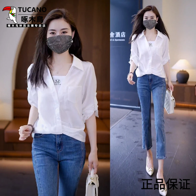 啄木鸟假两件白色衬衫女春季新款设计感衬衣宽松遮肚子显瘦上衣春