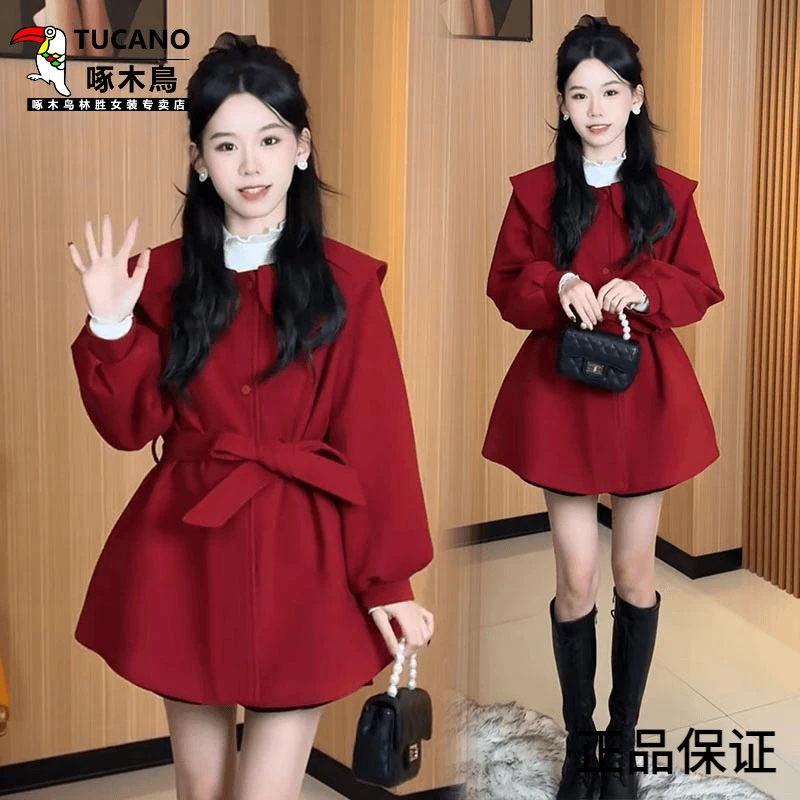 啄木鸟毛呢外套女2025秋冬新款时髦洋气夹棉加厚小个子娃娃领呢子