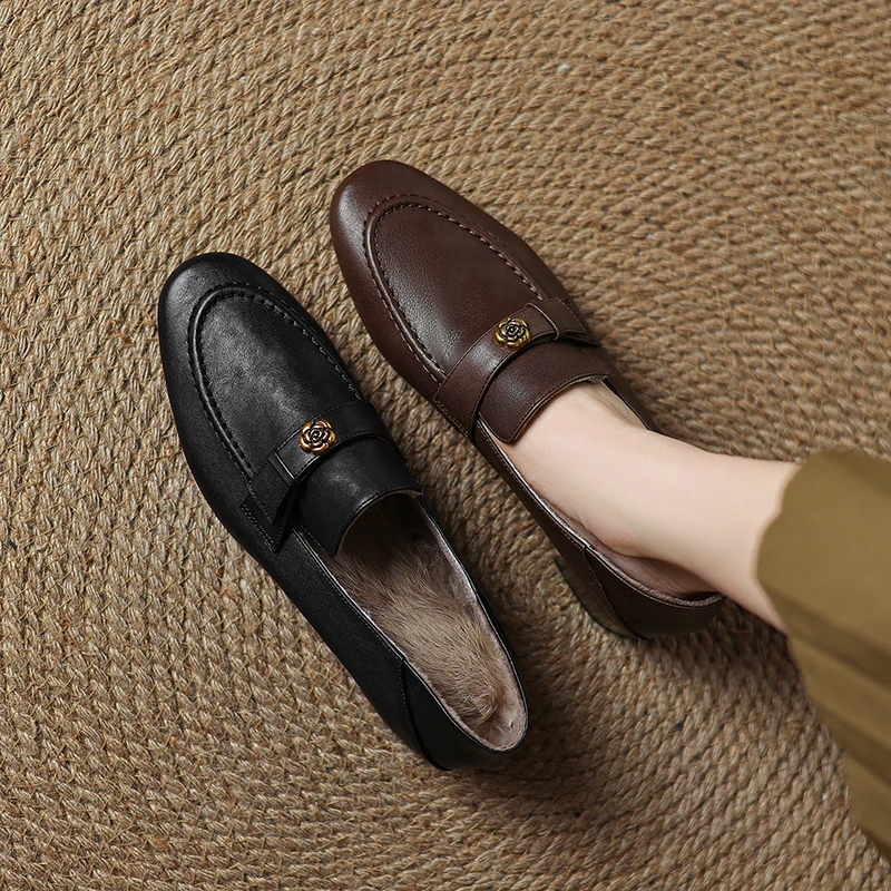 3.5cm~匠心人家新款真皮单鞋女粗跟小皮鞋加绒不累脚山茶花乐福鞋