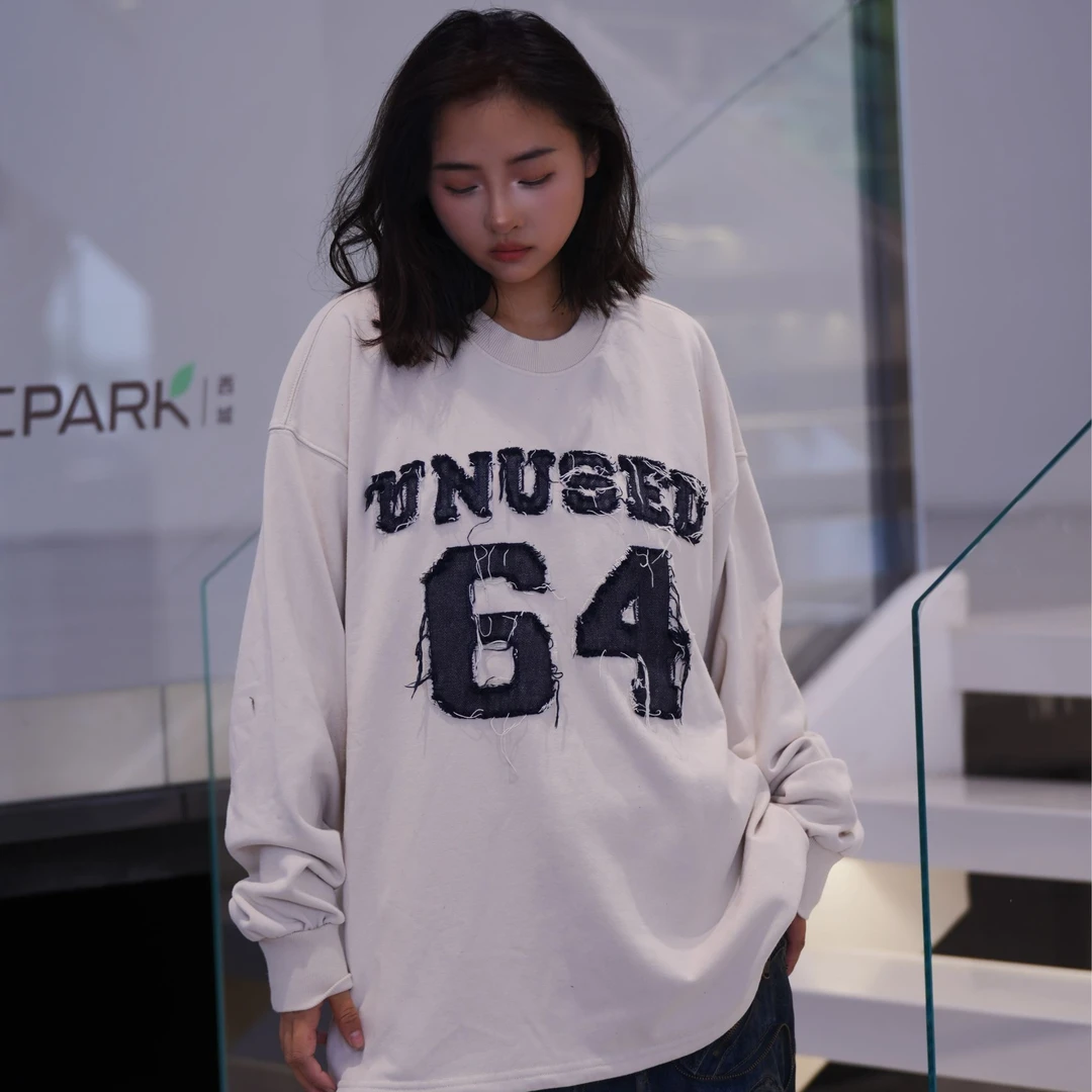 原创美式高街做旧涂鸦印花64号卫衣潮流宽松上衣男女同款国潮街头