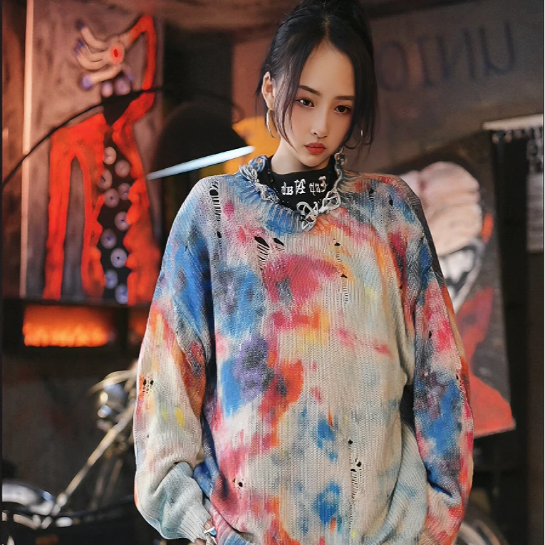 原创美式 【渐变】拼接涂鸦高街做旧”高密度银层印破坏毛衣圆领