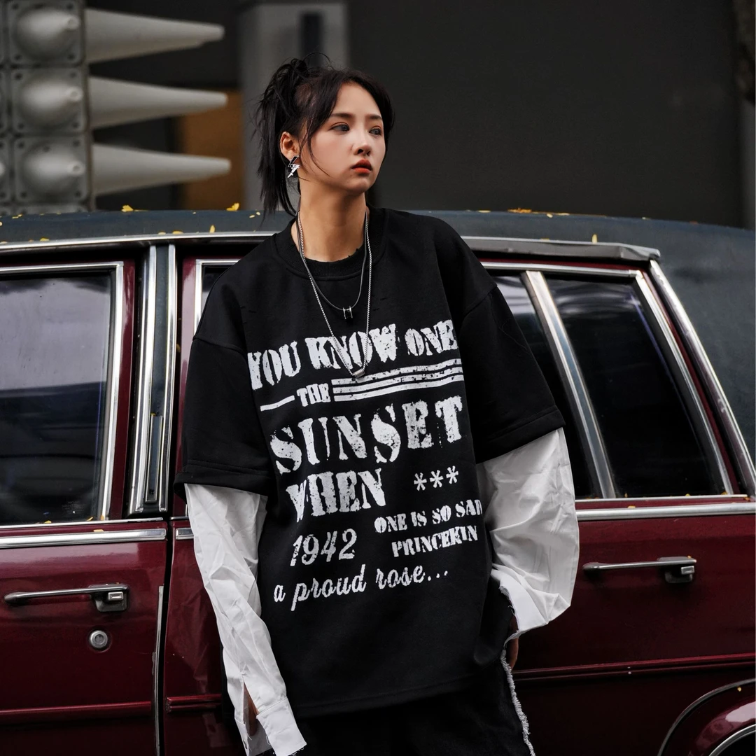 2024春夏新款 假两件印花字母圆领卫衣 男女同款简潮宽松百搭长袖