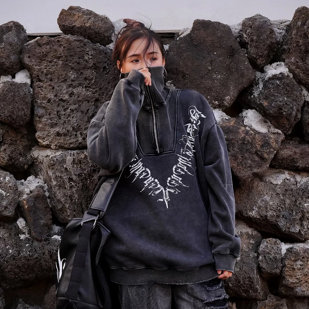 原创秋冬大高领 高街做旧涂鸦印花卫衣潮流宽松上衣男女同款国潮